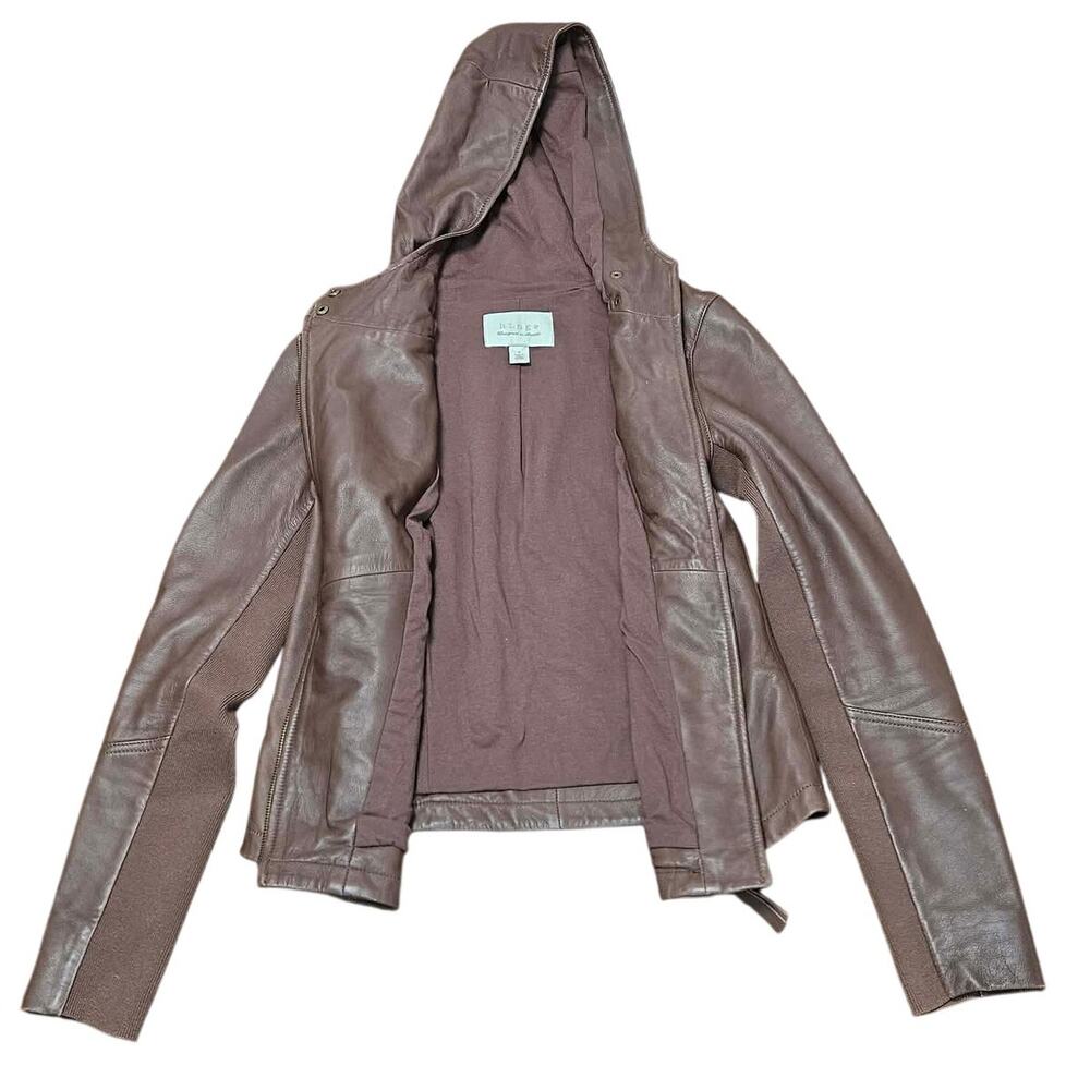 Hinge Soil Brown Leather Hooded Moto Jacket Womens Small Buttery Soft